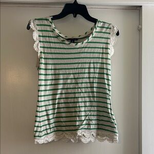 Tommy Hilfiger Green and White Striped Top with Lace Trim